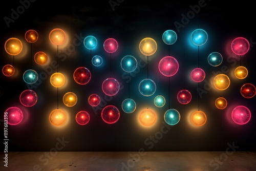 A pattern of glowing colorful orbs positioned on a wall creating an artistic memory display