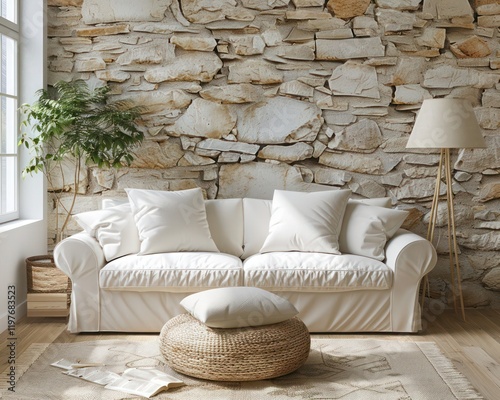 White sofa with beige pillows and floor lamp against a window near a stone cladding wall in the interior design of a modern Mediterranean home. photo