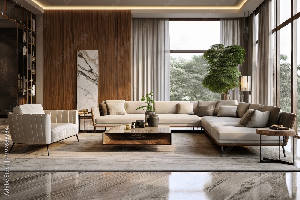 Fototapeta premium Modern living room design with elegant furnishings and natural light