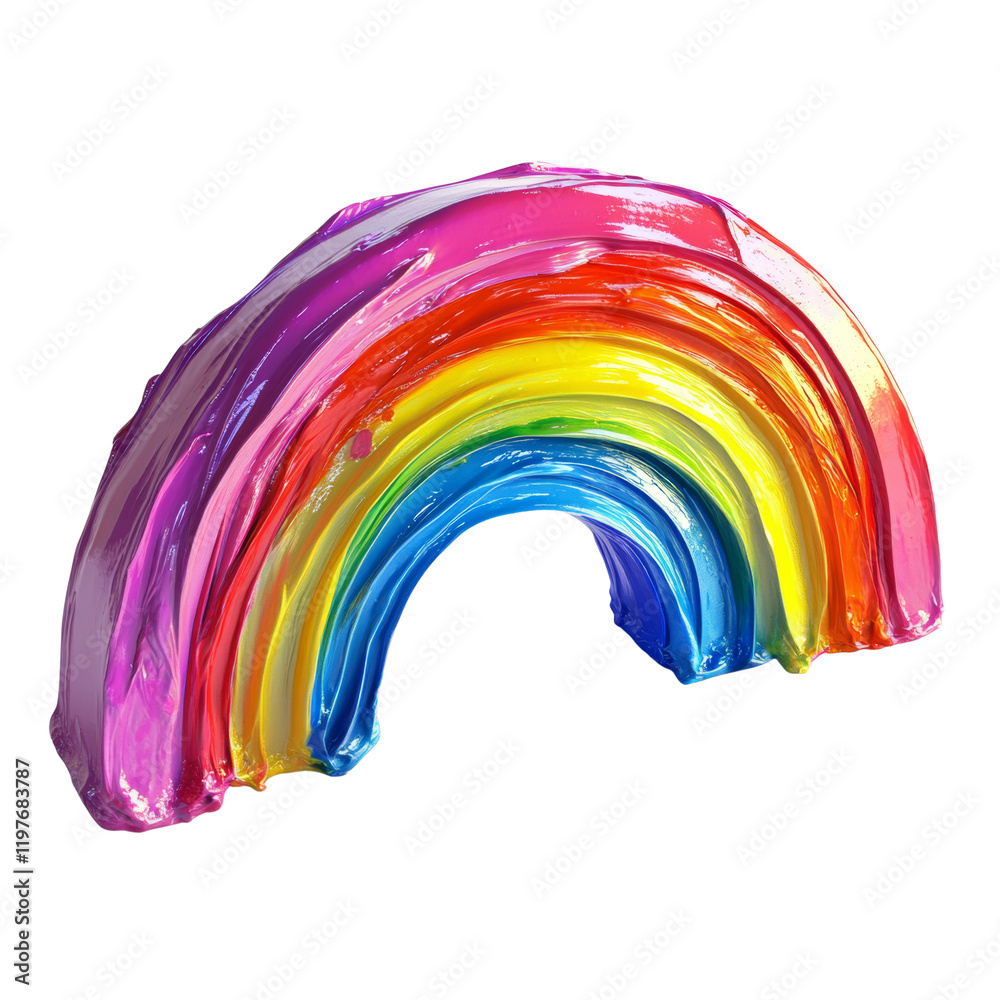 A digitally rendered image depicts a rainbow formed from thick glossy paint swirls against a black background. A digitally rendered image depicts a rainbow formed from thick glossy paint swirls against a black background.