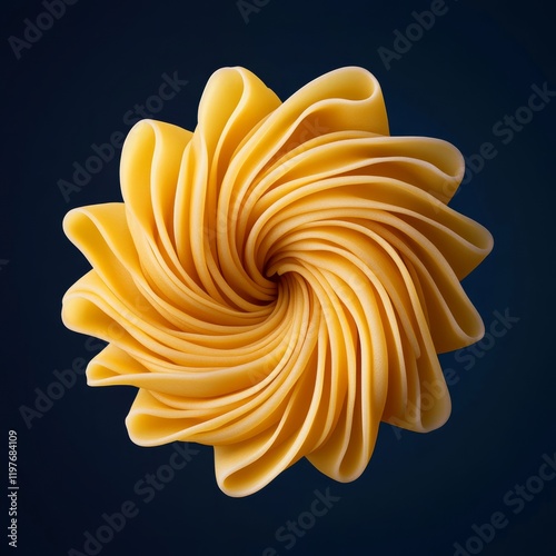 Unique top-down view of spiral pasta shaped like a flower or whirlpool. Generative AI photo