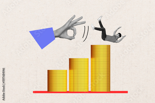 3D collage trend artwork composite sketch poster of pile coins hand gesture pull young man fall down crisis goal graphics charts lose