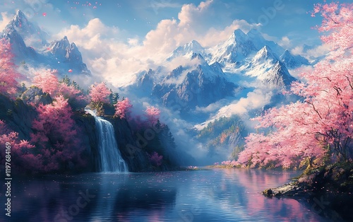Tranquil Mountain Pond with Blooming Trees and Waterfall