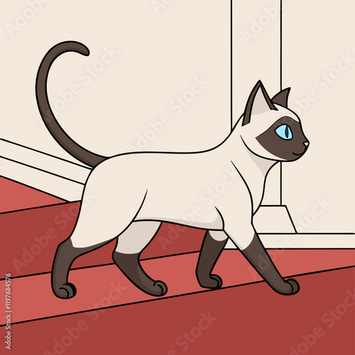 Elegant Siamese cat gracefully walking on a red carpet, perfect for pet lovers and luxury-themed digital designs.