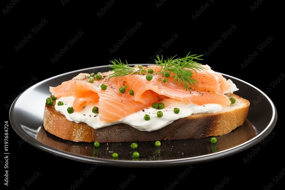 Appetizing smoked salmon on toasted bread with garnished with chives and pepper Appetizing smoked salmon on toasted bread with garnished with chives and pepper