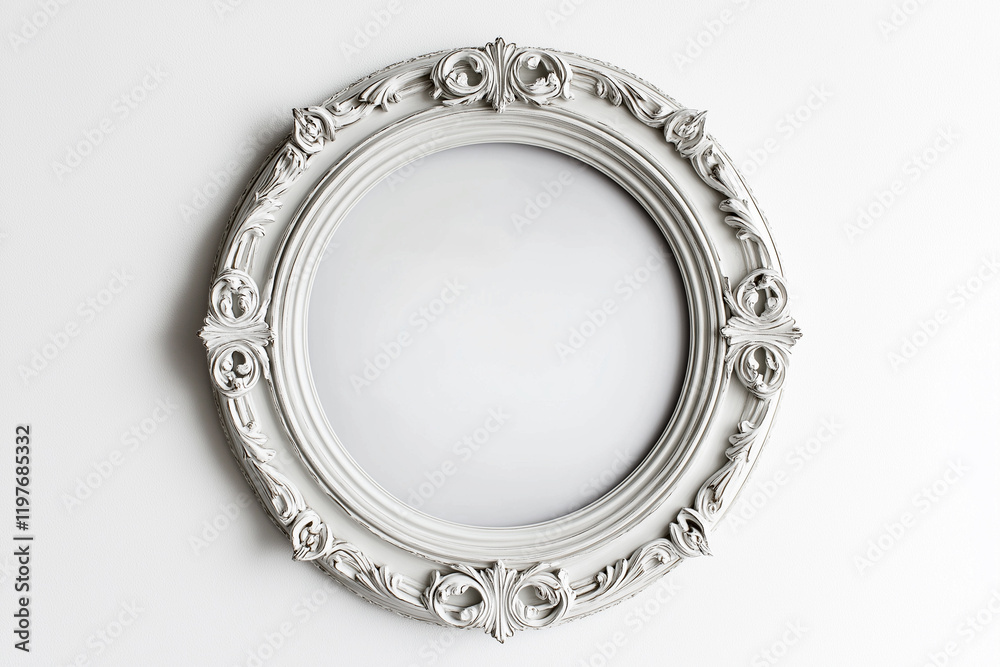 Baroque round ornate frame with an elegant flower motif background. A detailed white vintage round frame with floral ornamentation on white background. Mockup with copy space for text Baroque round ornate frame with an elegant flower motif background. A detailed white vintage round frame with floral ornamentation on white background. Mockup with copy space for text
