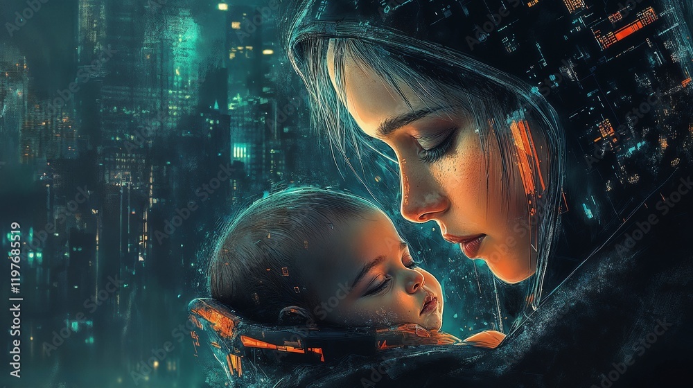 Obraz premium Mother and baby bonding in a futuristic cityscape at night with a serene atmosphere and copy space