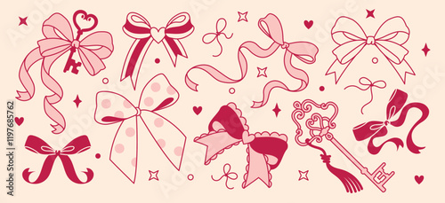 Romantic ribbon bow doodle set. Vector coquettish cute knots. Vintage love doodle accessories. Pink tone Valentine ribbon bows. Holiday gift decor, stickers, birthday elegant design elements