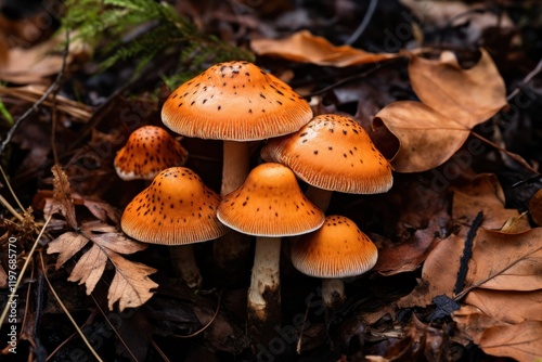 Cluster of burnt orange mushrooms emerging from the forest floor surrounded by fallen leaves photo