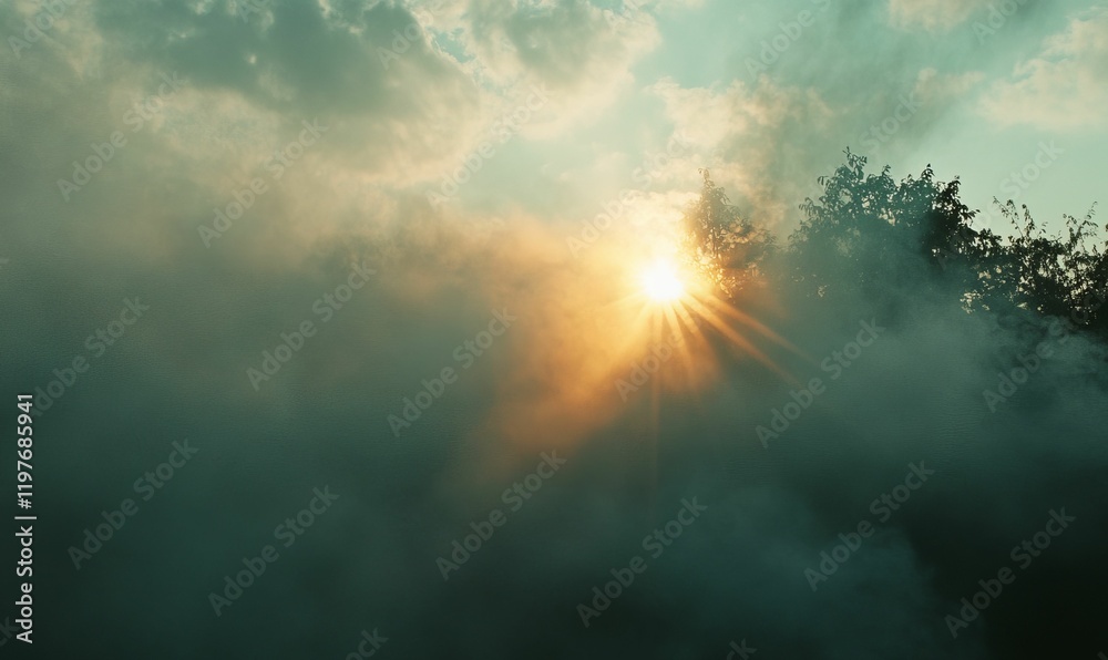 Naklejka premium Sun rays pierce foggy sky, trees silhouetted.