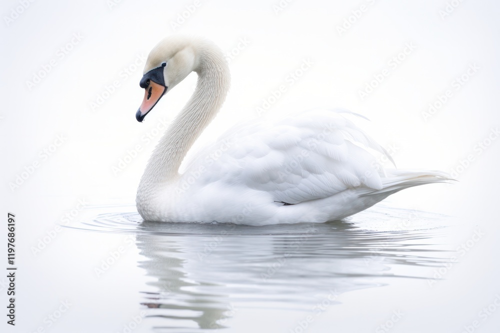 Elegant wild swan grooming its feathers while floating on a serene pond isolated on white background Elegant wild swan grooming its feathers while floating on a serene pond isolated on white background