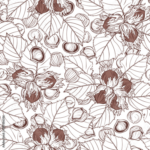 Hazelnuts. Seamless vector pattern. Hand drawn illustration. Perfect for design templates, wallpaper, wrapping, fabric, print and textile. 