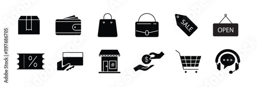 E-commerce icons, such as delivery, online shopping, store, secure payment and and more. Vector illustration. Easily changes to any color.