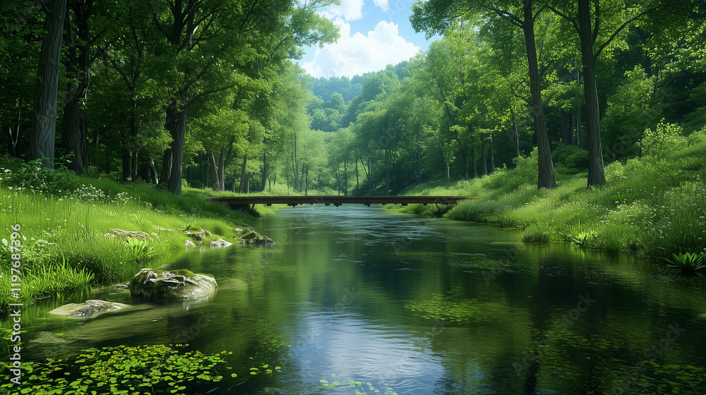 Peaceful River Scene with Wooden Bridge and Tree Reflections Peaceful River Scene with Wooden Bridge and Tree Reflections