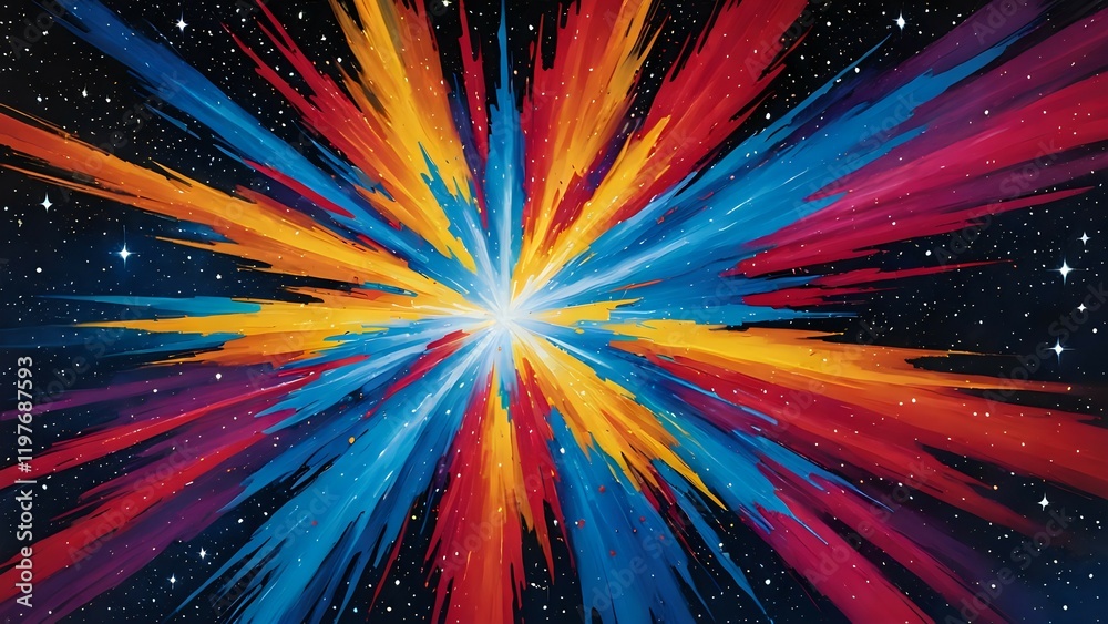 Vibrant cosmic explosion, radiating energy, abstract art, colorful streaks, star-filled background, dynamic movement, intense hues, digital painting. Vibrant cosmic explosion, radiating energy, abstract art, colorful streaks, star-filled background, dynamic movement, intense hues, digital painting.