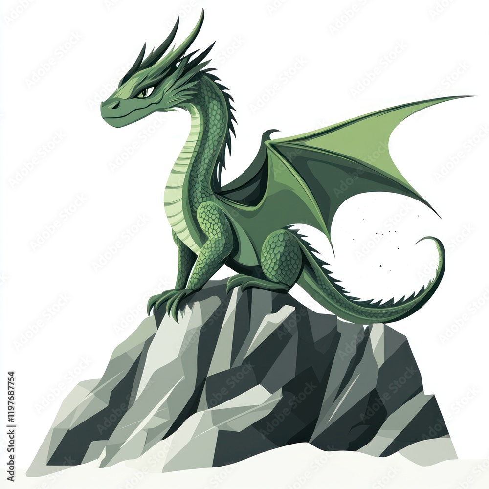 Fototapeta premium Green dragon sits on rock, white backdrop, illustration, for kids' books, games, and animation