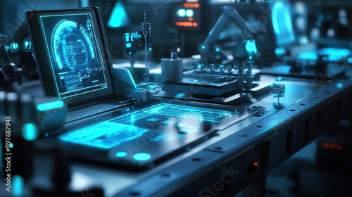 Detailed closeup of a microfactorys tool station where specialized equipment is organized efficiently allowing for quick swaps between different manufacturing tasks. photo