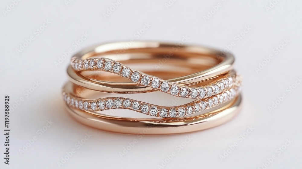 Stackable ring set, three thin bands, one with diamonds, one in plain gold and one with a twisted design. generative ai Stackable ring set, three thin bands, one with diamonds, one in plain gold and one with a twisted design. generative ai