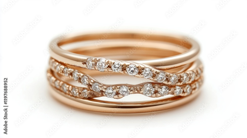 Stackable ring set, three thin bands, one with diamonds, one in plain gold and one with a twisted design. generative ai Stackable ring set, three thin bands, one with diamonds, one in plain gold and one with a twisted design. generative ai