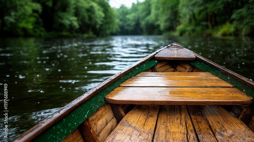 Fototapeta Naklejka Na Ścianę i Meble -  A wooden boat on a lake with trees in the background