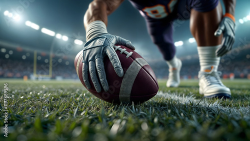 Close-up of player holding football on field. American football player and ball closeup  photo