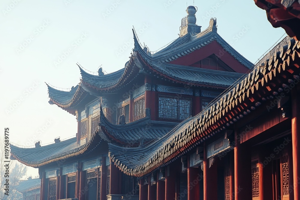Ancient Asian temple; intricate roofline, red columns. Ancient Asian temple; intricate roofline, red columns.