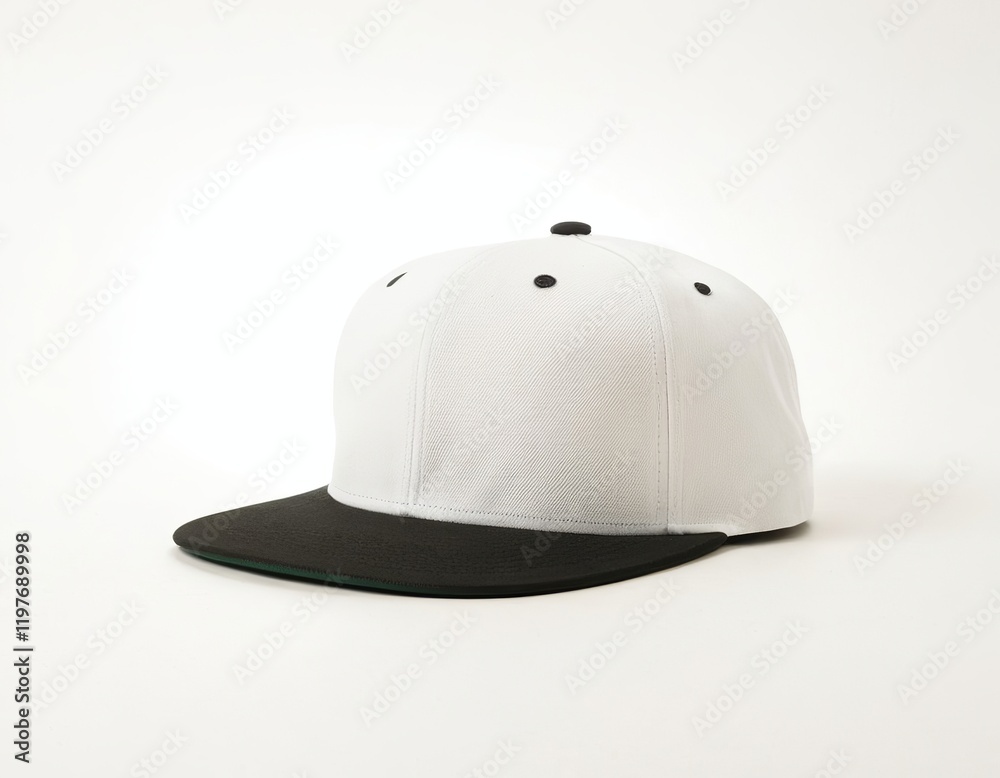 Fototapeta premium A stylish unisex cap featuring a crisp white top and a bold black brim.