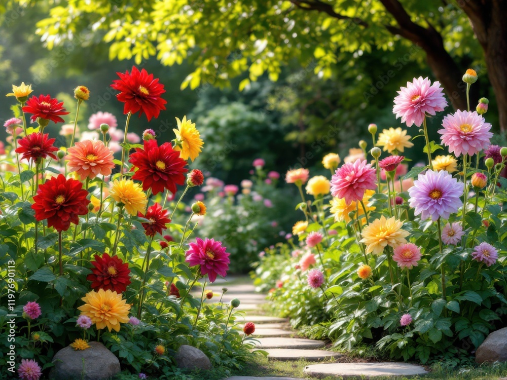 Fototapeta premium Vibrant Dahlia Garden Pathway in Full Bloom