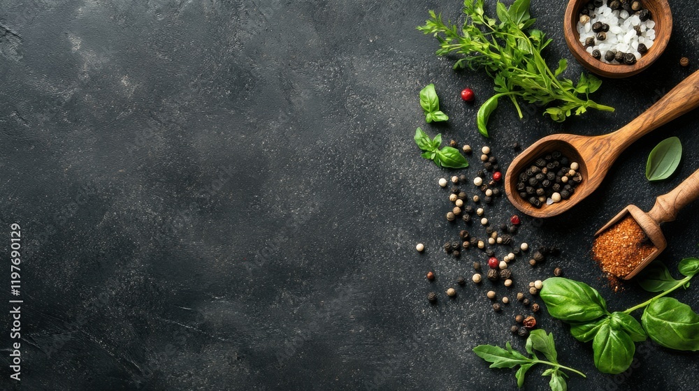 Spices and herbs arranged on a dark surface with room for text and design elements in culinary setting. Generative AI Spices and herbs arranged on a dark surface with room for text and design elements in culinary setting. Generative AI