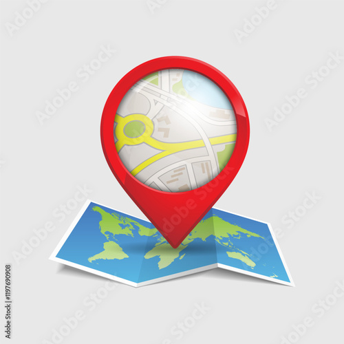 Map with pin. Red direction pointer on folded city map, gps navigation and travel location vector position search sticker 3d icon