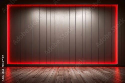 Modern interior design featuring illuminated red frame on wooden wall