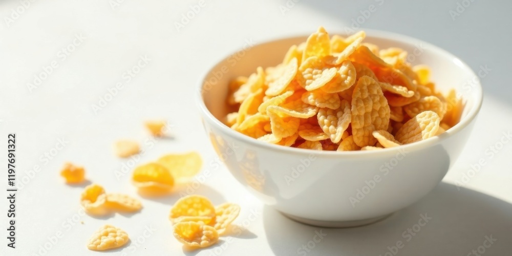 A bowl of crispy, golden-yellow cereal flakes sits on a bright white surface, bathed in sunlight, with a few scattered pieces nearby. A bowl of crispy, golden-yellow cereal flakes sits on a bright white surface, bathed in sunlight, with a few scattered pieces nearby.