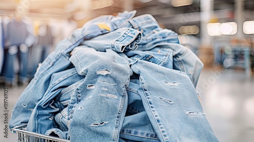 Discounted Jeans Piled High in a Sale Bin at a Busy Clothing Store