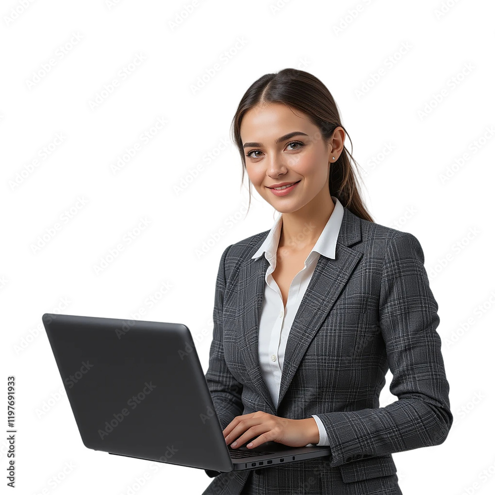 Confident businesswoman in a gray suit and white blouse, holding a laptop computer and smiling. Confident businesswoman in a gray suit and white blouse, holding a laptop computer and smiling.