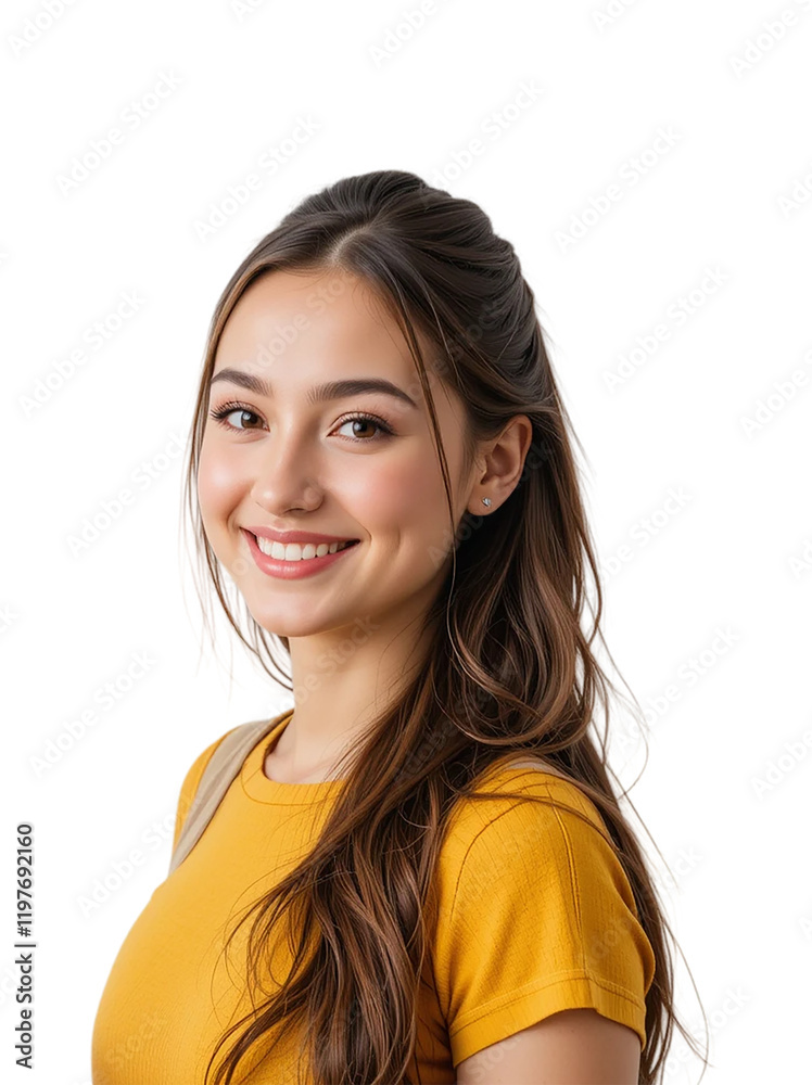 A cheerful and confident young woman with long brown hair, wearing a mustard yellow t-shirt, is pictured against a plain transparent background. A cheerful and confident young woman with long brown hair, wearing a mustard yellow t-shirt, is pictured against a plain transparent background.