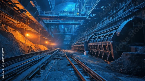 Underground Industrial Mining Plant: Steel Girders, Glowing Furnaces, and Conveyor Systems Amid Gritty Textures of Rock and Raw Metal in a Professional Composition. photo