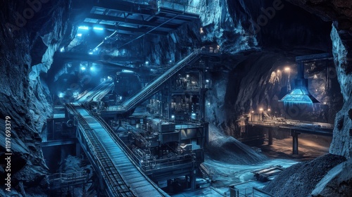 High-Resolution Underground Mining Facility: Dramatic Blue Lighting Highlights Intricate Smelting Equipment and Steel Conveyors Amid Towering Rock Walls. photo