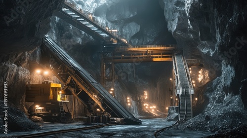 Industrial Mining Plant: Massive Conveyor Belts and Crushing Machines Amidst Jagged Stone Walls, Captured in Dramatic Cold Lighting with Gritty Textures. photo