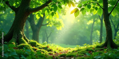 Serene Forest Sanctuary Sunlight Illuminates Lush Green Canopy and Mossy Tree Bases