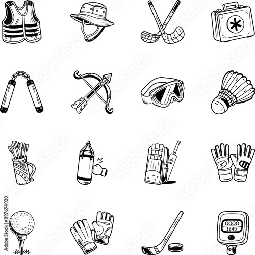 Set of Hand Drawn Sport Accessory Icons 
