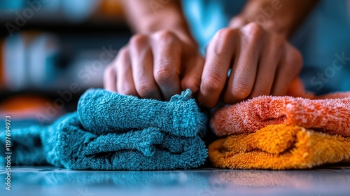 Two hands expertly roll up vibrant towels, emphasizing organization, color coordination, and the neatness in preparing for a tidy domestic environment.