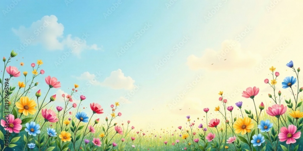 A Serene Meadow of Vibrant Blossoms Under a Tranquil Sky, a Peaceful and Colorful Springtime Scene