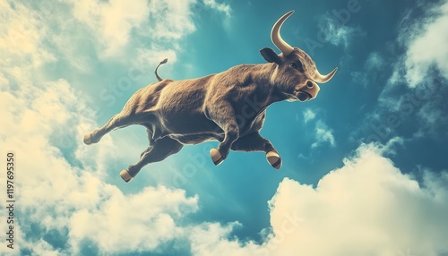 Majestic Bull Leaping Through the Air Against a Beautiful Sky with Fluffy Clouds, Symbolizing Strength, Freedom, and Adventure in an Imaginative Setting photo