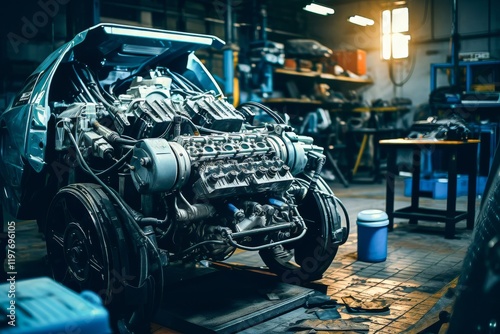 Car engine repair taking place in a workshop during the afternoon hours