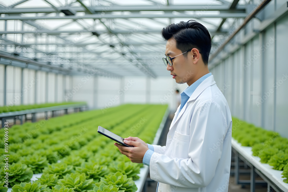 Fototapeta premium A man of Asian descent in a lab coat examines a tablet in a greenhouse filled with vibrant green succulents, reflecting focus and dedication to horticulture