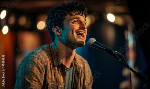 Man sings into microphone, warm stage lighting. photo