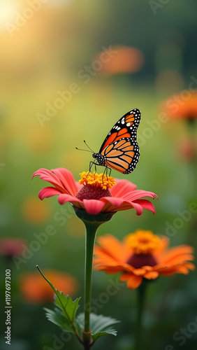 Wallpaper Mural A vibrant butterfly rests delicately on a pink flower, surrounded by blooming orange blossoms in a lush garden with soft sunlight filtering through the greenery Torontodigital.ca