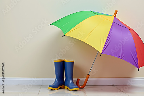 A colorful umbrella stands beside bright blue rain boots against a simple wall, evoking a cheerful rainy day atmosphere photo