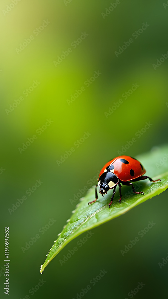 A vibrant ladybug rests on a green leaf, showcasing its bright red body and distinctive black spots against a soft, blurred background of nature A vibrant ladybug rests on a green leaf, showcasing its bright red body and distinctive black spots against a soft, blurred background of nature