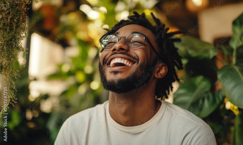Happy man with glasses, laughing, surrounded by plants. Happy man with glasses, laughing, surrounded by plants.